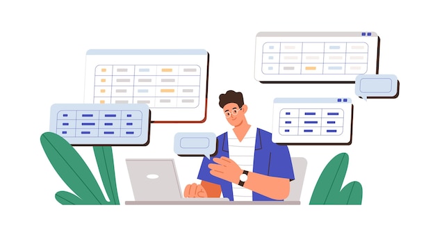 Vector man working with big data and databases, using laptop and excel tables. office worker making analysis and report with spreadsheets on computer. flat vector illustration isolated on white background.