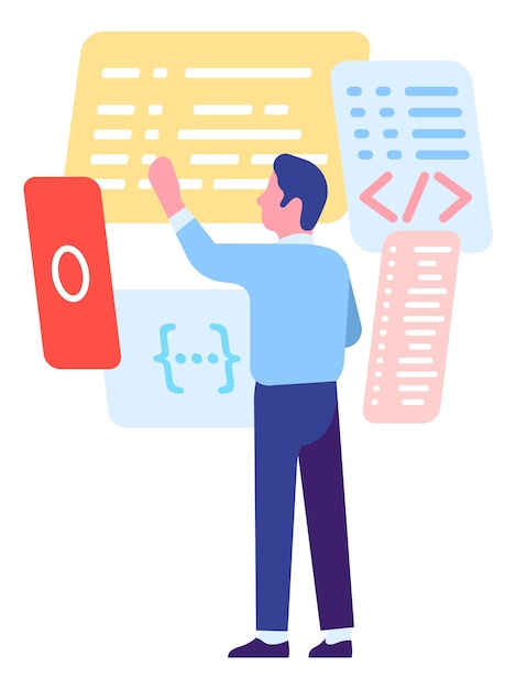 Vector man working with code. programming software process isolated on white background