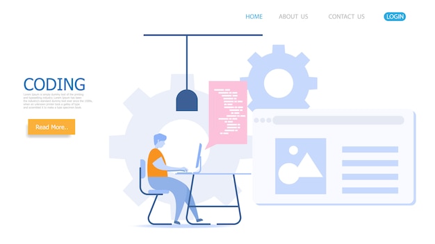 Vector man working with coding vector landing page