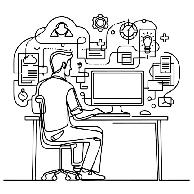 Vector man working with computer continuous line drawing