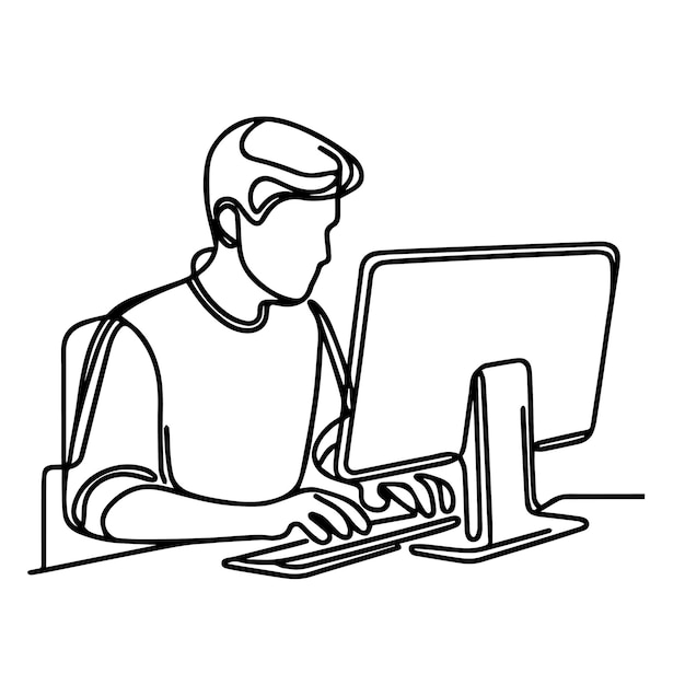 Vector man working with computer continuous line