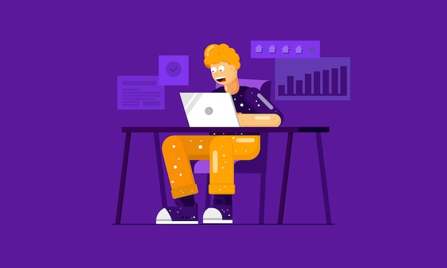 Vector man working with computer laptop flat design businessman man at table character work manager