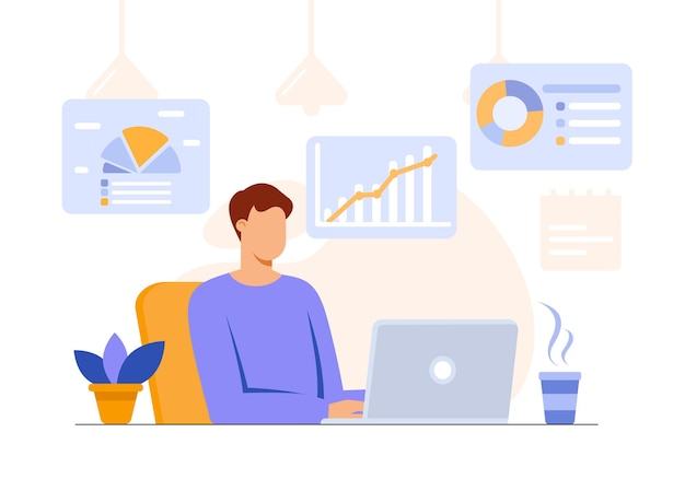 Vector man working with databases analyzing business and statistical process big data analysis