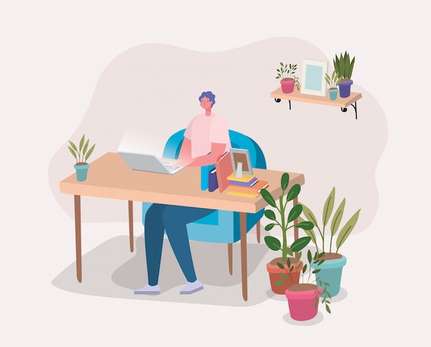 Vector man working with laptop on desk 