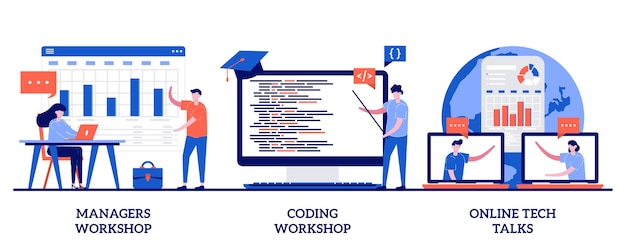 Vector managers, coding workshop, online tech talks concept with tiny people. employee skills training  set. write code, software development, presentation, web session.