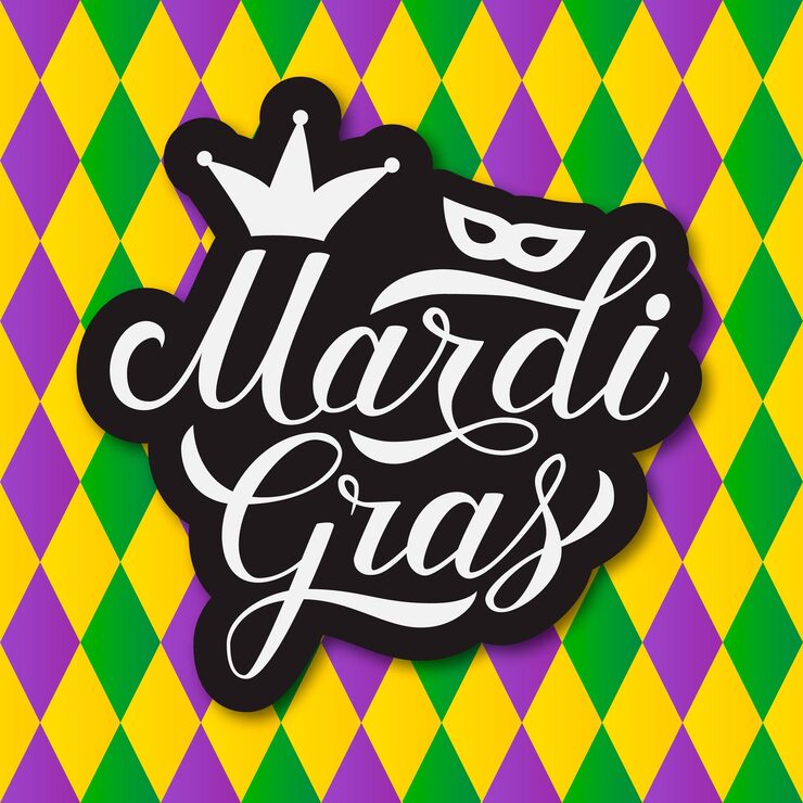 Vector mardi gras hand lettering colorful harlequin pattern background fat or shrove tuesday celebration poster traditional carnival in new orleans vector template for banner flyer party invitation