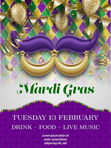 Vector mardi gras party poster mardi gras background with mask shaped party balloon and streamers