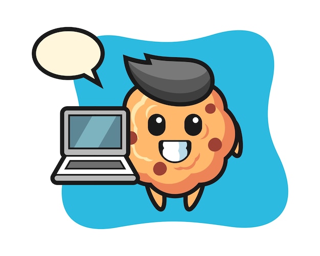 Vector mascot chocolate chip cookie with a laptop