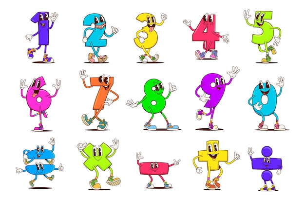 Vector math number or digit retro groovy characters
