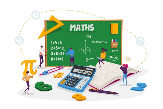 Vector math science concept. tiny male and female students characters in lab or school class learning mathematics at huge blackboard. people gaining education and writing formula. cartoon  