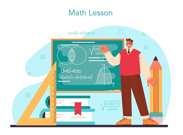 Vector mathematician concept. mathematician use scientific formulas and diagrams to research and formulate new calculation. math analysis and conjecture computing. vector flat illustration