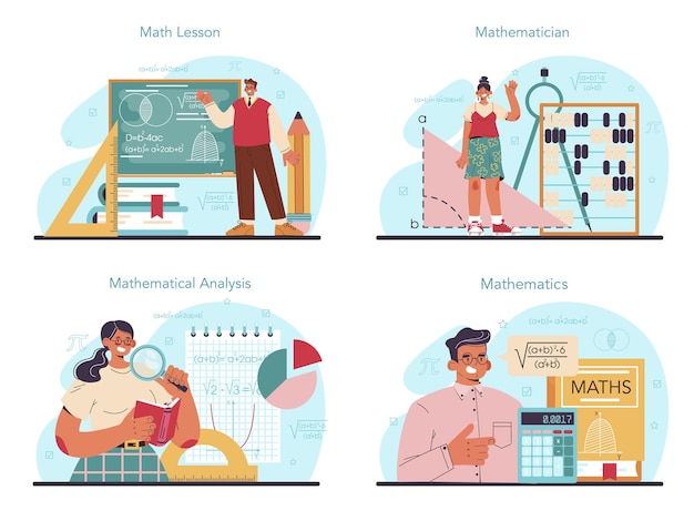 Vector mathematician concept set. mathematician use scientific formulas and diagrams to research and formulate new calculation. math analysis and conjecture computing. vector flat illustration
