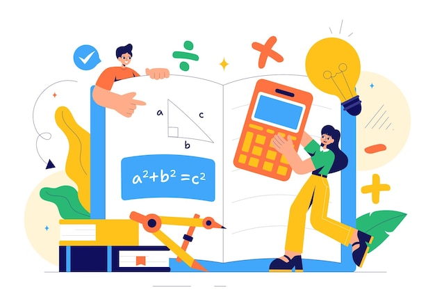 Vector mathematics learning vector illustration featuring school supplies or stationery with mathematical equations formulas and symbols in a background