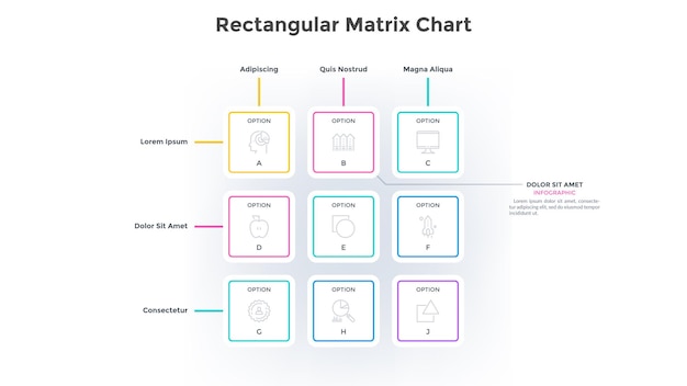 Vector matrix graph with 9 paper white rectangular cells with coordinates arranged in rows and columns. table or grid with nine square options. minimal infographic design template. vector illustration.