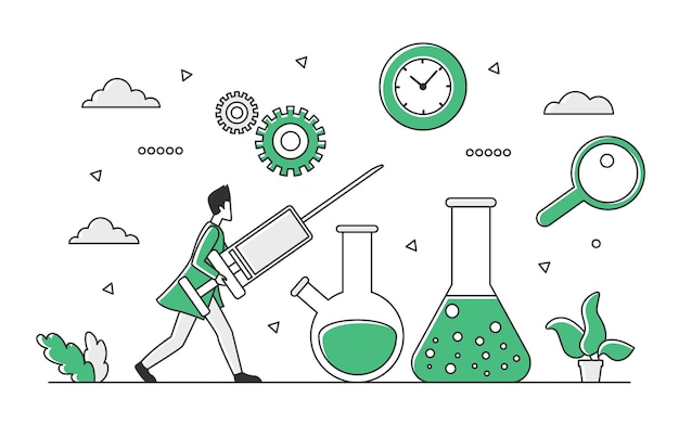 Vector medical innovative research on drugs development medicine investigation and trial testing vector monocolor illustration