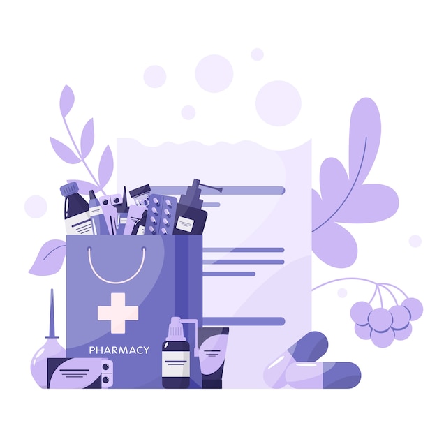 Vector medication and health treatment concept. collection of pharmacy drug in bottle and box. medicine pill and prescription form. drugstore and pharmacist concept.   