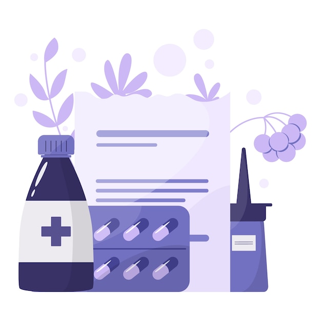 Vector medication and health treatment concept. collection of pharmacy drug in bottle and box. medicine pill and prescription form. drugstore and pharmacist concept.   