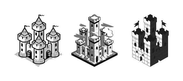 Vector medieval castle towers on an isometric background