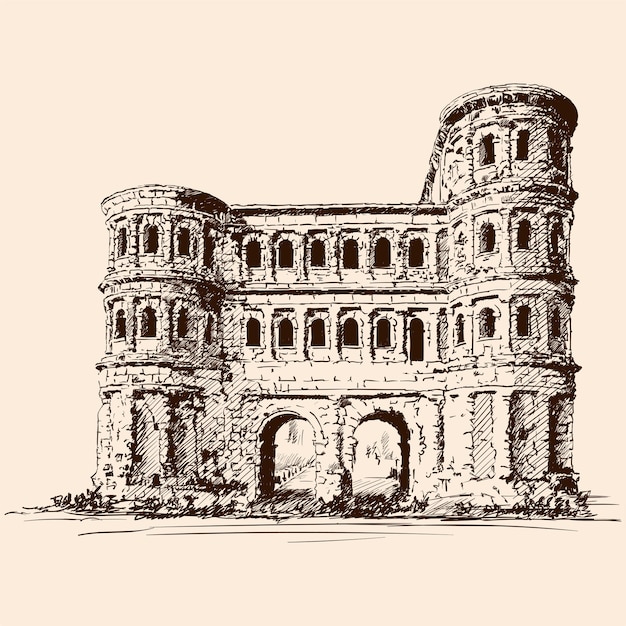 Vector medieval stone castle with towers and arches.