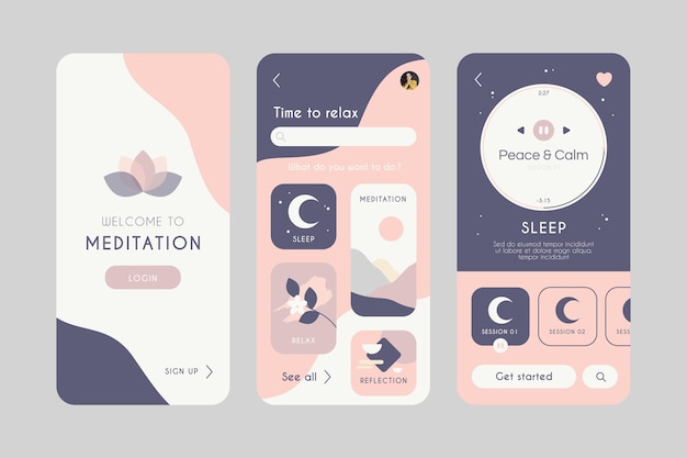 Vector meditation app interface template with illustrations