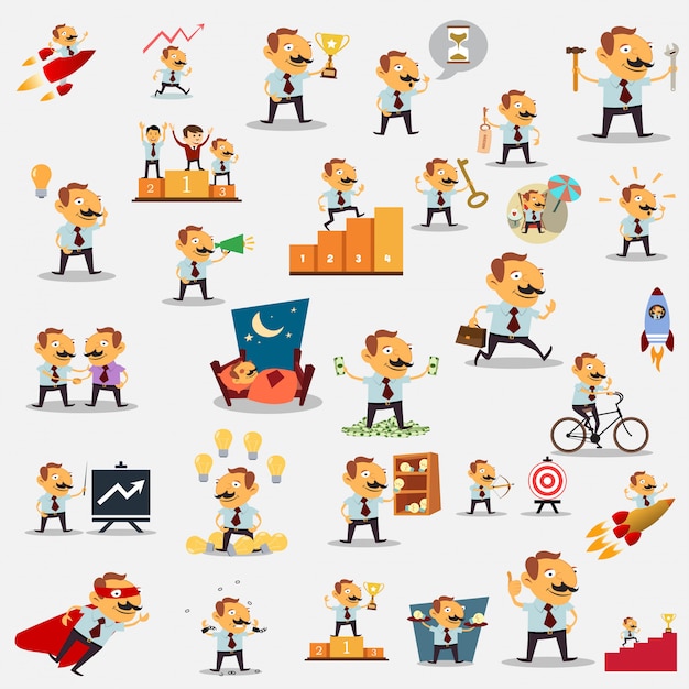 Vector mega set of drawings with a businessman. 