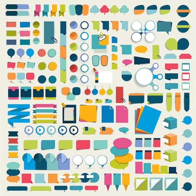 Vector mega set infographics flat design elements schemes charts buttons speech bubbles stickers.
