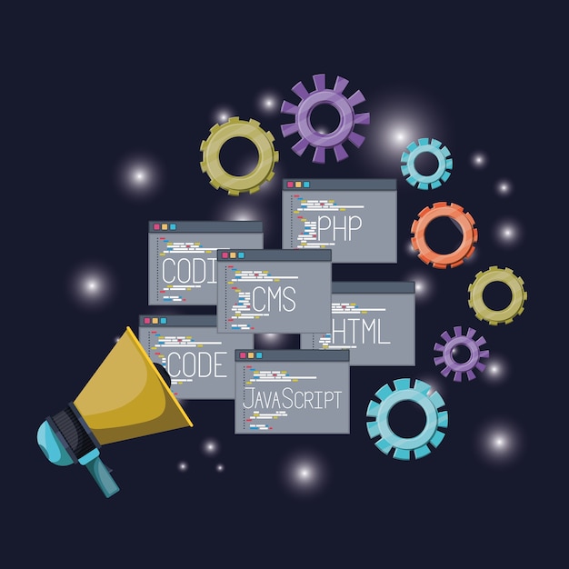 Vector megaphone with set windows web programming language codes