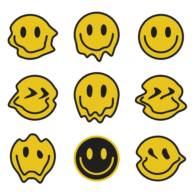 Vector melting smiley faces collection distorted retro-inspired emoji set