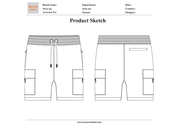 Vector mens cargo shorts design sketch technical drawing vector illustration template front and back