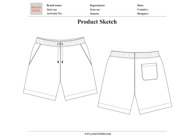 Vector mens summer shorts design sketch technical drawing vector illustration template front and back
