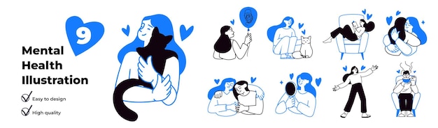 Vector mental health concept with character situations set collection of scenes people hug with friends