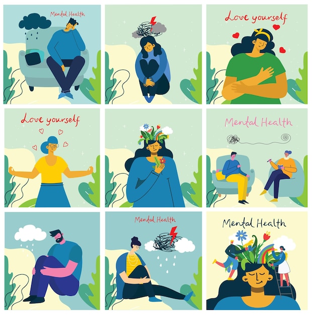 Vector mental health illustration concept. psychology visual interpretation of mental health in the flat design