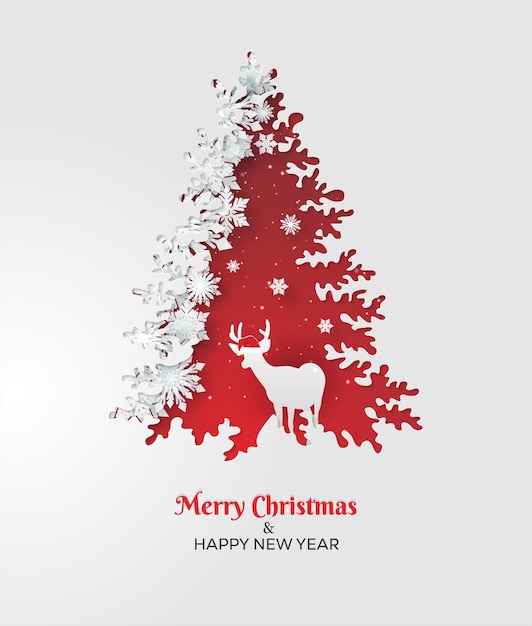 Vector merry christmas deer in forest with snow paper cut art vector style