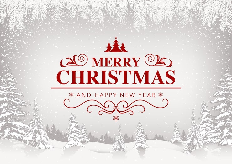 Vector merry christmas greeting card with white snowy landscape and red lettering - festive illustration with snowfall and wintry decorations, vector