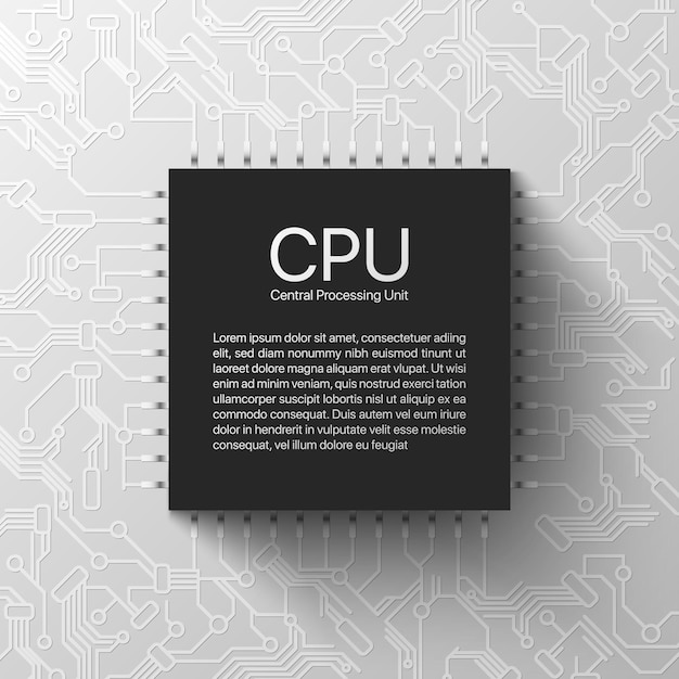 Vector microchip computer cpu microprocessor on detailed printed circuit board design abstract background vector illustration