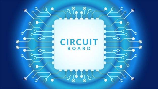 Vector microchip processor with radial lights on the blue background ai electric circuit board high tech background central computer processors cpu concept motherboard digital chip