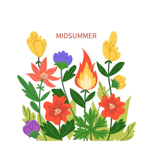 Vector midsummer illustration with flowers and fire