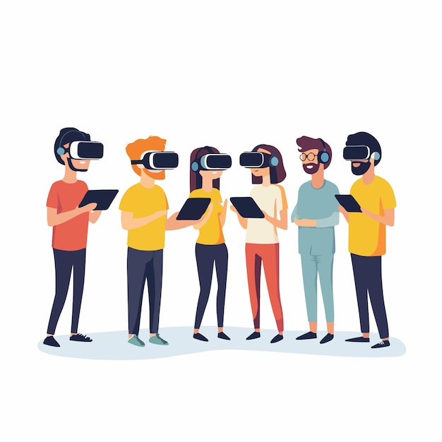 Vector millennials using technology in game party meeting