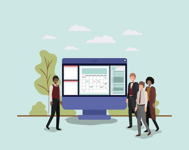 Vector mini people working in computer desktop 