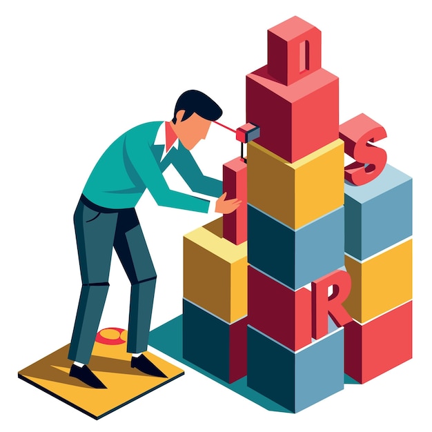 Vector miniature people man working on cube small block building the word distractions on solid white back