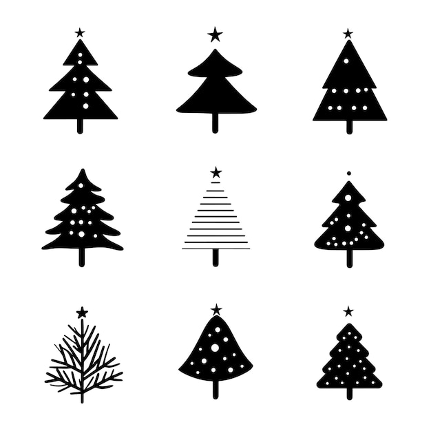 Vector minimalist black and white christmas tree icon collection