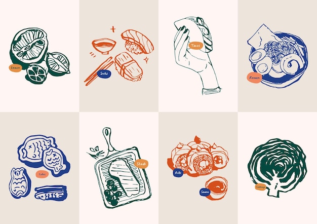 Vector minimalist hand drawn food and drink vector illustration collection. art for for postcards, branding