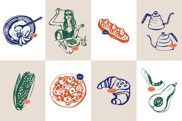Vector minimalist hand drawn food and drink vector illustration collection