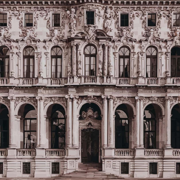 Vector minimalistic black and white flat sketch of a quiet forest pathway with tall slender trees