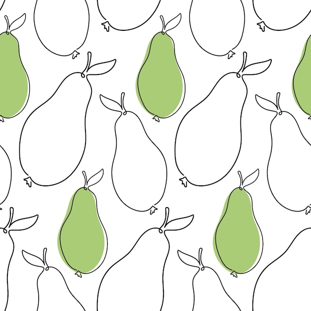 Vector minimalistic oneline pear pattern with green accents on a white background