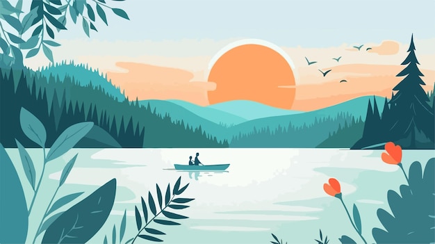 Vector minimalistic sunrise lake vector illustration for design projects