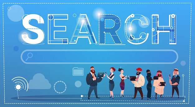 Vector mix race people group using gadgets search data internet concept