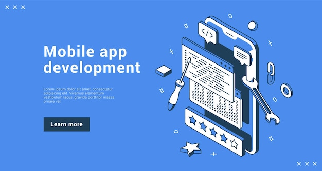 Vector mobile app development coding software programming internet banner landing page isometric vector illustration. smartphone application interface building process business modern technology