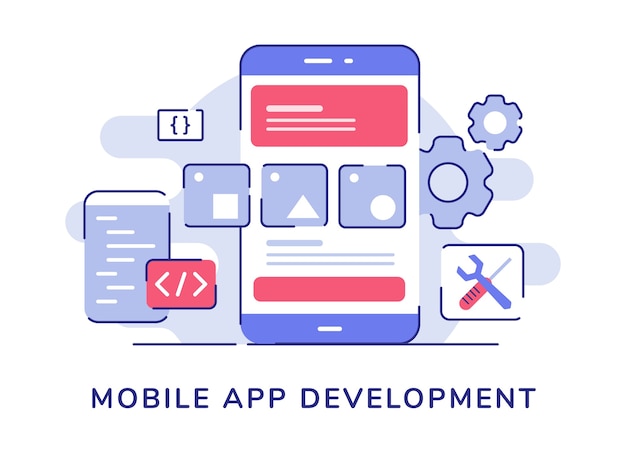 Vector mobile app development concept wire frame ui on display smartphone screen code