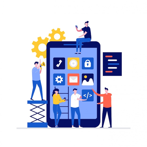 Vector mobile app development  illustration concept with characters, smartphone, program coding.